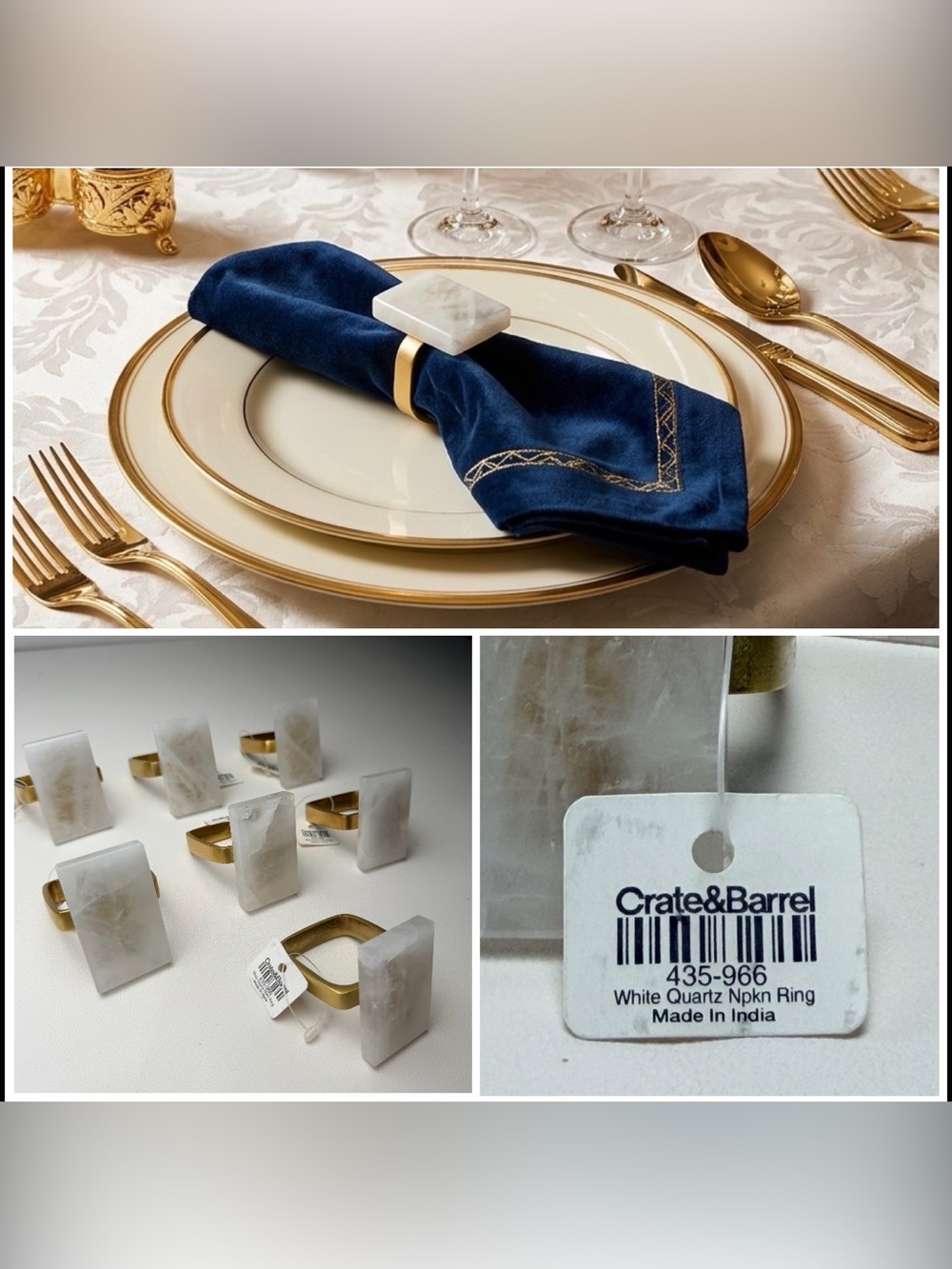 Crate & Barrel White Quartz Marble Gold Napkin Ring s 7pcs set Table Setting